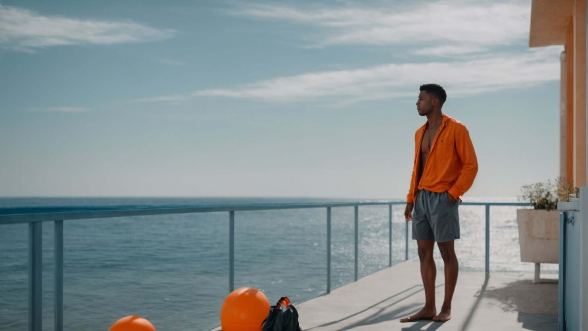 Homme en short gris sur sa terrasse observe la mer