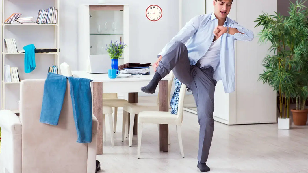 Un jeune homme en chaussettes est en retard au travail