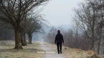 Personne bonnet sur la tête qui marche en hiver dans la campagne